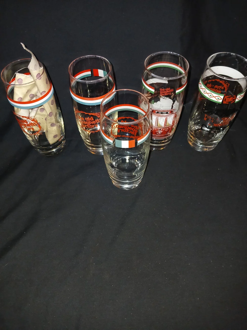 Vintage Tram-Print Tall Drinking Glasses in Red and Teal - Pair